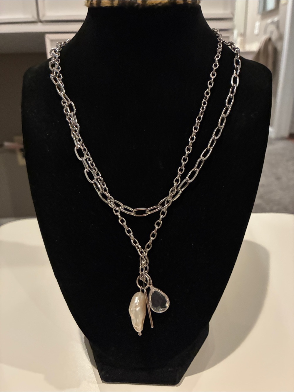 Maurices Silver-Tone Layered Chain Necklace with Pearl and Clear Charm